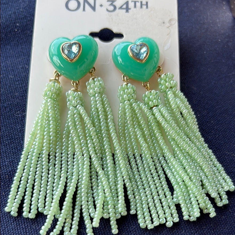 ON 34th Mint Heart Tassel Earrings NWT